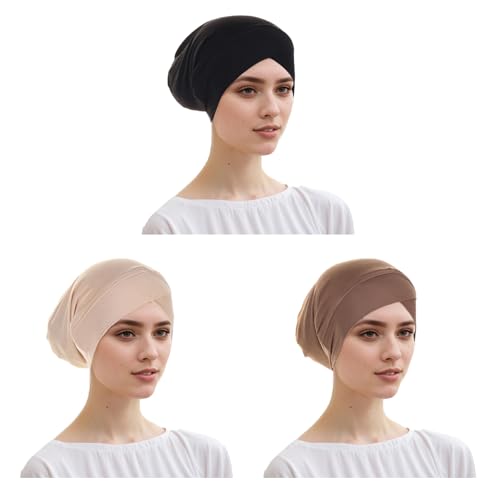 PURFUN 3 Pcs Muslim Inner Hijab Caps Women Solid Color Under Hijab Caps Stretchy Breathable Full Cover Undercap Tube Bonnet - color: Black+khaki+beige