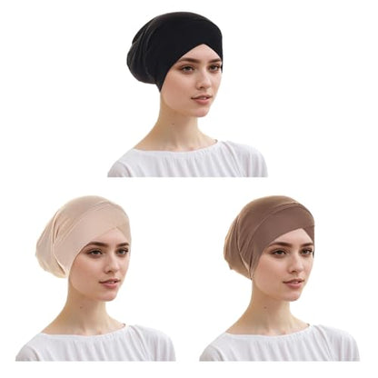 PURFUN 3 Pcs Muslim Inner Hijab Caps Women Solid Color Under Hijab Caps Stretchy Breathable Full Cover Undercap Tube Bonnet - color: Black+khaki+beige