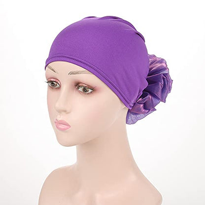 Women Flower Elastic Turban Beanie Head Scarf wrap Chemo Cap hat for Cancer Patient - color: Purple