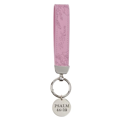 Christian Art Gifts Metal Keychains with Faux Leather Wrist Strap & Clip for Women: Scripture & Multicolor Floral Designs - color: Be Still/Lavender Floral & Silver
