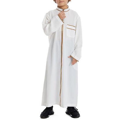 Muslim Abaya Islamic Thobe for Boys Long Sleeve Solid Festive Clothes Teen Kids Cozy Ramadan Prayer Thobe with Pocket - color: White, size: 11-12 Years