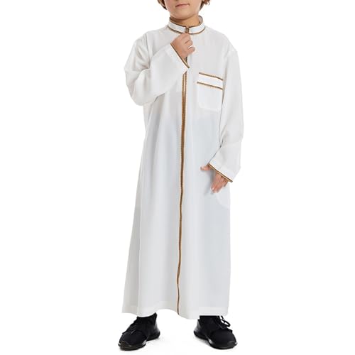 Muslim Abaya Islamic Thobe for Boys Long Sleeve Solid Festive Clothes Teen Kids Cozy Ramadan Prayer Thobe with Pocket - color: White, size: 7-8 Years