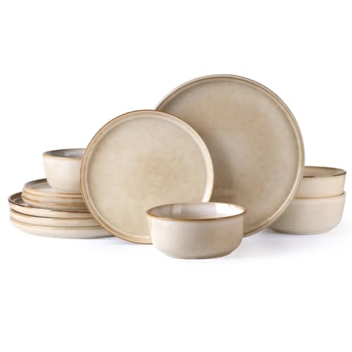 AmorArc Stoneware Dinnerware Sets for 4, 12 Piece Plates and Bowls Sets - color: Mulberry, size: Service for 4