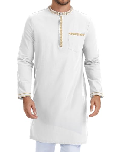 YAOHUOLE Caftans for Men Islamic Kaftan for Men Long Sleeve Arabic Thobe - color: White, size: Medium