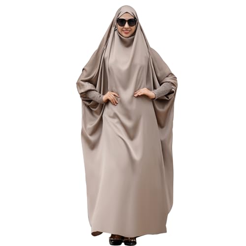 IDOPIP Muslim Abaya for Women One Piece Long Sleeve Islamic Prayer Dress with Hooded Hijab Maxi Kaftan Robe Modest Clothes - color: Light Khaki