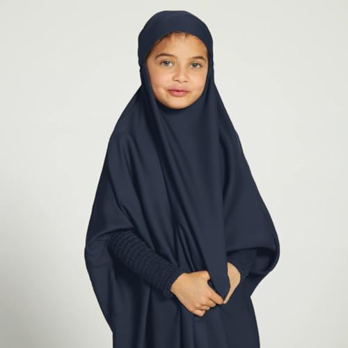ODIZLI Muslim One Piece Prayer Hijab Dress Women Hooded Abaya Full Cover Islam Dubai Modest Robe - color: Dark Blue Kids, size: 12-13 Years
