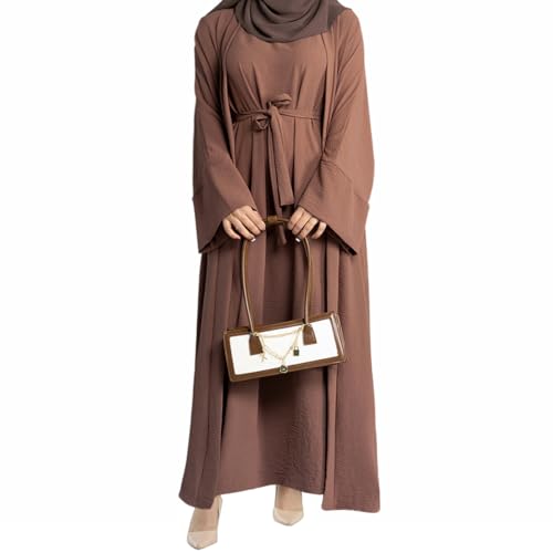2PCS Women's Muslim Dresses Abaya Islamic Dubai Prayer Dress Robe Long Cardigan Maxi Dress - color: Coffee, size: Medium