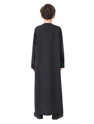 OBEEII Boy's Muslim Thobe Arab Long Sleeve Abaya Kaftan Robe Eid Ramadan Islamic Middle East Dubai Prayer Dress with Pockets - color: Black, size: 12-13 Years
