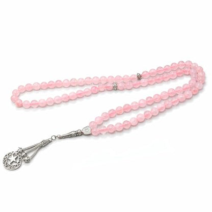Amazing Gemstone Rose Quartz Tasbeeh with Moon and Star Charm - Certified Crystal Muslim Prayer Beads Natural Gemstone Tasbih Gift for Ramadan Dhikr and Daily Namaz (S) - color: Rose Quartz