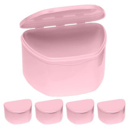 PlastCare USA Pink Denture Cases Pack of 5 - Dental Box For Artificial Teeth, Mouth Guard, Night Guard, Gum Shields, Retainer - Denture Bath Container for Women and Men - Travel Denture Cup - color: Pink