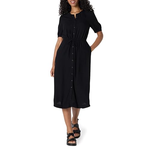 Amazon Essentials Women's Relaxed Fit Half-Sleeve Breathable Button Front Drawstring Waist Midi A-Line Dress with Pockets - color: Black, size: X-Large