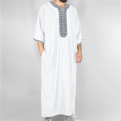 Men Arabic Thobe Short Sleeve Plus Size Loose Fit Embroidery Thobe with Pockets Long Abaya Muslim Kaftan Robe for - size: Small