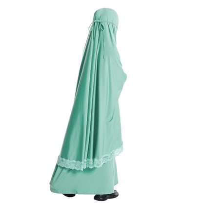 Kids Girls Abaya Muslim Full Cover Lace Hijab Dress Kaftan Dubai Islamic Prayer Dress, 2pcs Set - color: Green, size: 4-5T