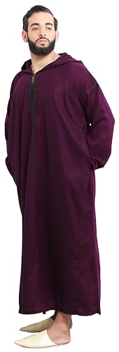 Moroccan Men Djellaba with Hood – Handmade Winter Jellaba Cotton Kaftan with Delicate Embroidery, Caftan Fits L–XL - color: Burgundy