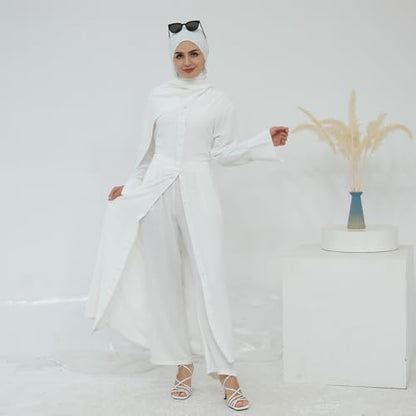 IDOPIP Muslim Women 2-Piece Set Long Sleeve Ramadan Islamic Abaya Dress Shirt with Pants Loose Fit Casual Dubai Prayer Outfit - color: White, size: X-Large-XX-Large