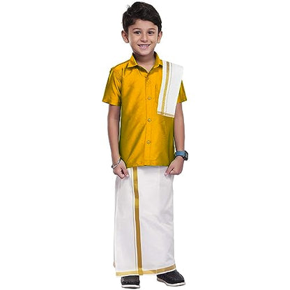 Chandrakala Boys Silk Blend Shirt with Kasavu Mundu, Dupatta & Dhoti Set | Kids Indian Traditional Party Wear(KB101) - color: Mustard Gold, size: 3-4T