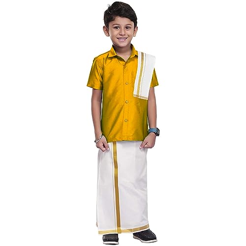 Chandrakala Boys Silk Blend Shirt with Kasavu Mundu, Dupatta & Dhoti Set | Kids Indian Traditional Party Wear(KB101) - color: Mustard Gold, size: 3-4T