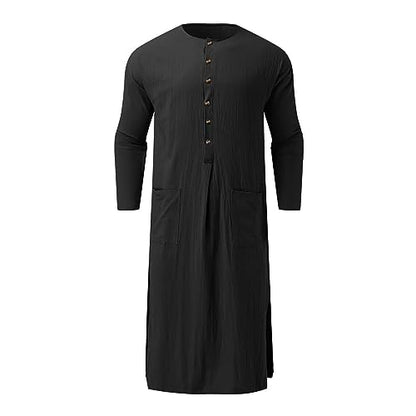Muslim Thobe for Men Button Down Kaftan Long Sleeve Long Gowns Solid Sleep Shirts Robes with Pockets Side Split - color: Black, size: Small
