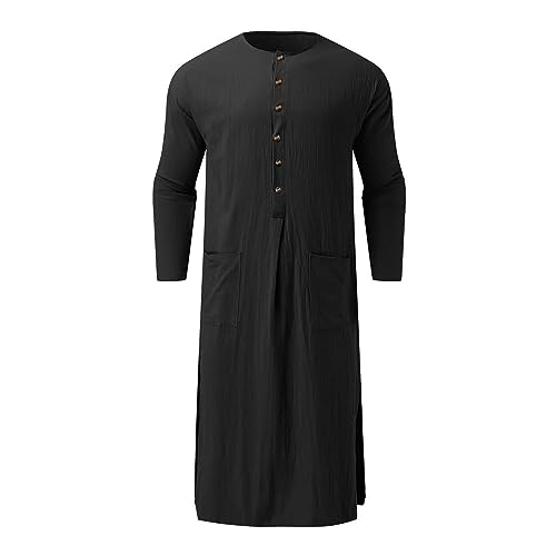 Muslim Thobe for Men Button Down Kaftan Long Sleeve Long Gowns Solid Sleep Shirts Robes with Pockets Side Split - color: Black, size: Medium