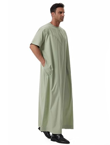 Muslim Men Abaya Short Sleeve Kaftan Islamic Arab Robe Men Dishdasha Zipper Robe Ethnic Clothes Dubai Travel Thobe - color: Green, size: Large