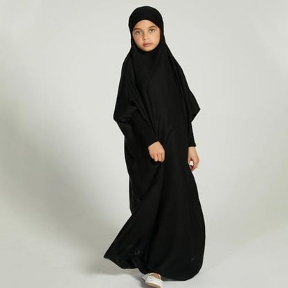 ODIZLI Muslim One Piece Prayer Hijab Dress Women Hooded Abaya Full Cover Islam Dubai Modest Robe - color: Black Kids, size: 6-7 Years