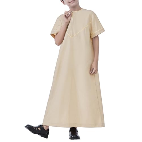 Boys Short Sleeve Muslim Thobes Islamic Kids Half Zipper Eid Traditional Prayer Kaftan Thobes Toddler Abaya Clothes - color: Beige, size: 9-10 Years