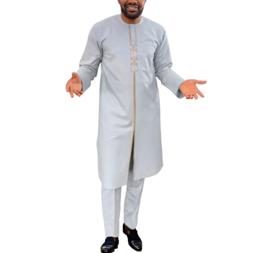 HD African Clothing Long Kaftan Clothes Sets Embroidery Dashiki Outfit for Man - color: Grey10398, size: 3X-Large