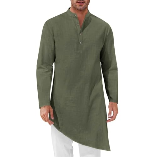 RTTUIOP Kurta Men Thobe Muslim Clothes Button Down Casual Henley Shirts Long Sleeve Robe Cotton Linen Muslim Gown Shirt - color: 01-army Green, size: Medium