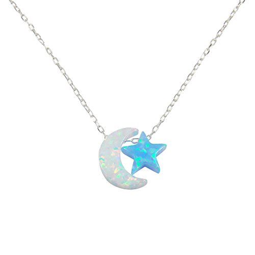 Martinuzzi Accessories Opal Moon and Star Necklace 925 Sterling Silver Chain - style: White Moon Light Blue Star