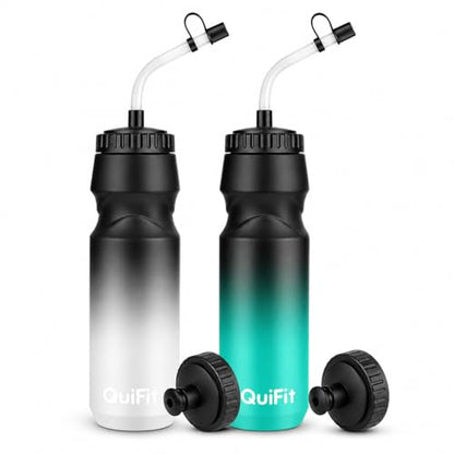 Lacrosse Water Bottle with Long Straw -32oz Hockey Water Bottle 2 Pack with 2 Lids Each- BPA Free Squeeze Sports Water Bottles, Leakproof Dishwasher Safe- for Helmet,Lacrosse (Black Blue+Black White) - color: Black Blue+Black White