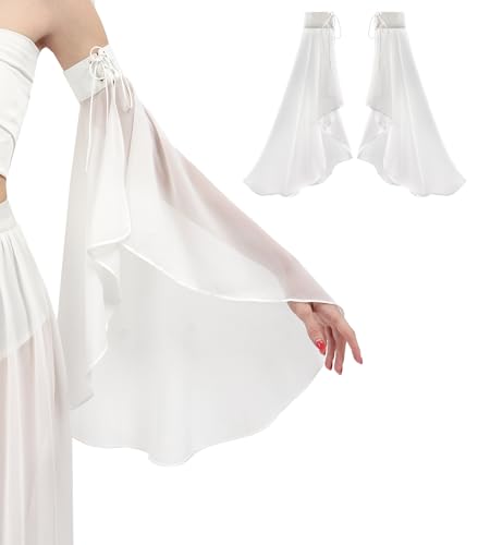 DAZCOS Victorian Long Tulle Sleeves for Women Chiffon Detachable Gloves for Wedding Dress Halloween Party Pageant - color: White-01
