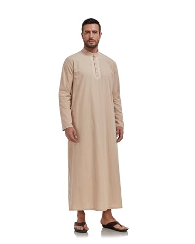 Jacansi Men's 65% Cotton 35% Linen Kaftan Robe, Henley Button Down Thobe, Long Sleeve Casual Gown with Pockets - color: Khaki, size: 3X-Large