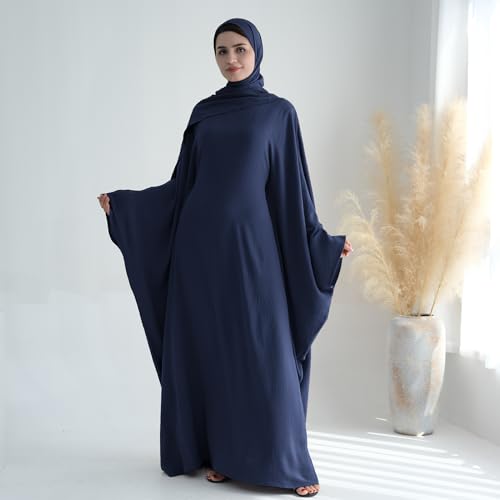 ODIZLI Abayas For Women Muslim Dubai Full Cover Kaftan Shirt Dress Batwing Sleeve Prayer Dress With Hijab - color: Dark Blue+ Hijab, size: Two