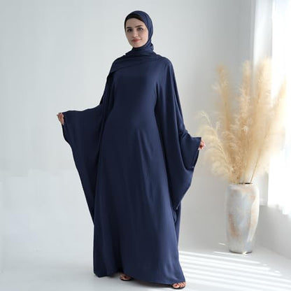 ODIZLI Abayas For Women Muslim Dubai Full Cover Kaftan Shirt Dress Batwing Sleeve Prayer Dress With Hijab - color: Dark Blue+ Hijab, size: Two