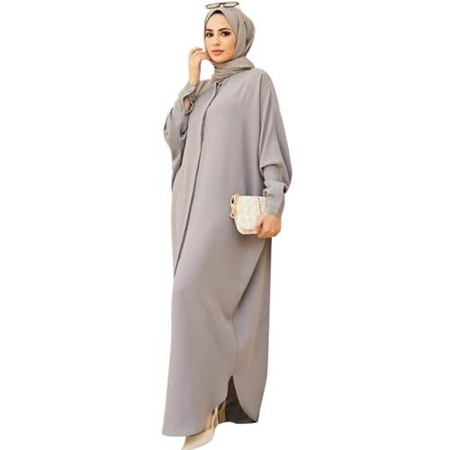 ODIZLI Women's Ramadan Abaya Muslim Batwing Sleeve Shirt Prayer Dress Kaftan Dubai Islamic Loose Maxi Dress - color: Gray