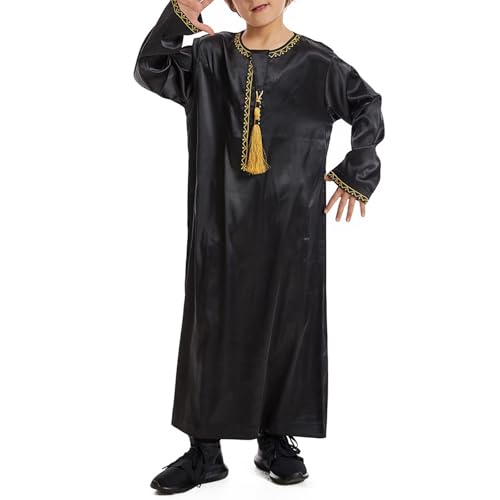 Muslim Dress for Boys Long Sleeve Striped Thobe Islamic Eid Ramadan Prayer Clothes Kids Lds Temple Dresses Muslim Arabic Robe - color: Black, size: 7-8 Years