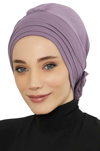 Aisha's Design Instant Turban Head Wraps for Women, Combed Cotton Scarf Lightweight Pre tied Hijab with Back Rose Detail - color: Lilac
