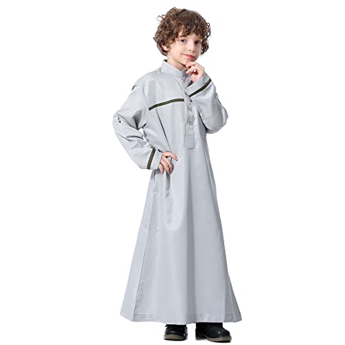ODIZLI Arabic Thobe Muslim Thobe Long Sleeve Kaftan Crew Collar Robe with Zipper for Boy Solid Color/Embroidery/Stripe Print - color: Gray C, size: 4-5 Years