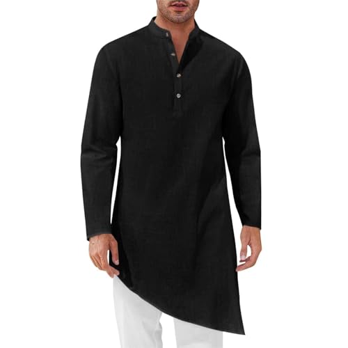 Mens Kaftan Robe Thobe Cotton Long Sleeve Henley Shirt Casual Muslim Gown Kurta Tops - color: Black, size: Large
