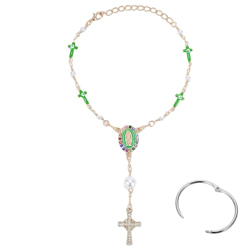 Car Rosary for Rearview Mirror, Evil Eye Auto Rosary Beads, Car Medal and Hanging Accessories for Interior Decors for Women Men (cross-green) - color: Cross-green