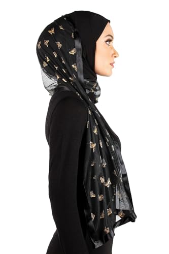 Stylish Mona Hijab Women's Black Kuwaiti with Chiffon Wrap Shawl & Satin Trim - color: Black With Gold Butterflies