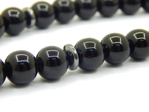 Perlin Muslim Prayer Beads 33 Bead Black Onyx Tasbih – Islamic Misbaha Subha Dhikr Beads with 10 mm Polished Onyx Gemstone Beads, Hematite Spacers and 925 Sterling Silver Imam, Ottoman Style Rosary