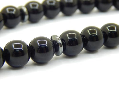 Perlin Muslim Prayer Beads 33 Bead Black Onyx Tasbih – Islamic Misbaha Subha Dhikr Beads with 10 mm Polished Onyx Gemstone Beads, Hematite Spacers and 925 Sterling Silver Imam, Ottoman Style Rosary