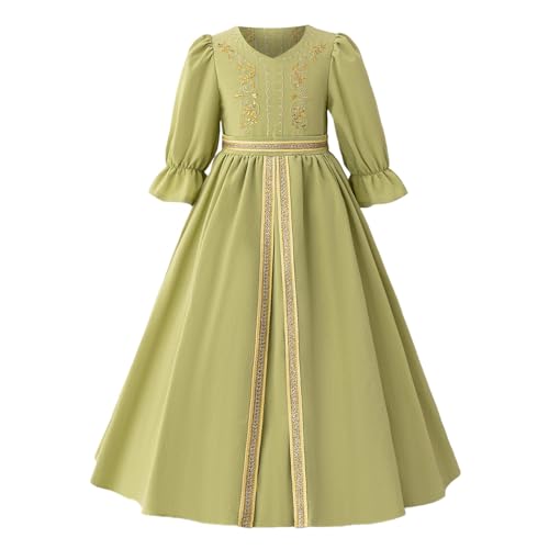 Toddler Girls Muslim Abaya Dress Islamic Dubai Modest Lace Belted Dress Abayas Kaftan Eid Prayer Clothes Arabian Maxi Robe - color: Light Green-d, size: 6-7 Years