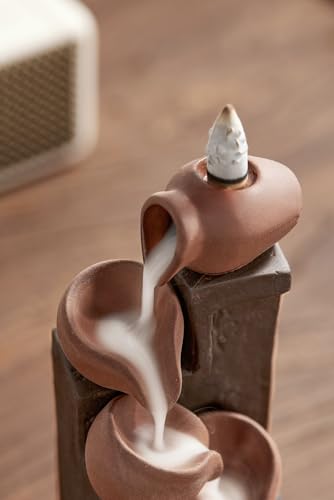 Unique Cascading Basins Ceramic Waterfall Incense Holder, Paired with a Pack of Backflow Incense Cones. (Primary) - color: Primary