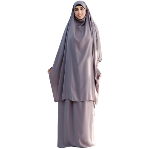 Muslim Women Abaya Two Pieces Set Prayer Dress Elasticated Sleeves Islamic Robe Modest Full Cover Prayer Clothes - color: Light Gray