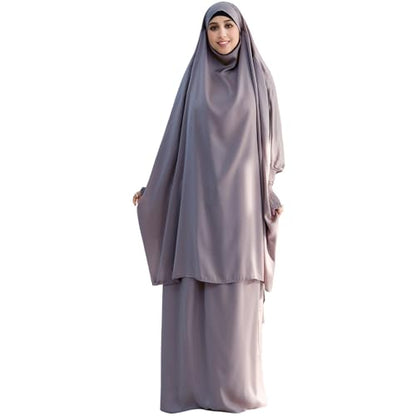 Muslim Women Abaya Two Pieces Set Prayer Dress Elasticated Sleeves Islamic Robe Modest Full Cover Prayer Clothes - color: Light Gray