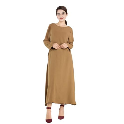 Women Abaya Muslim Dress Long Sleeve Modest Prayer Maxi Kaftan Islamic Clothes with Pockets - color: Khaki, size: X-Large