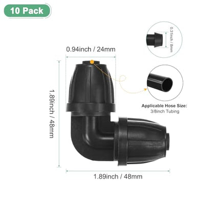 M METERXITY 10-Pack Drip Irrigation Barbed Locking Fittings, 3/8 Inch Elbow Tubing Connector Plastic Coupling for Greenhouse/Aquarium/Garden Watering System, Drip Irrigation Kit Parts | Barbed Locking Fittings, End Caps Tubing Connector, Plastic Coupling
