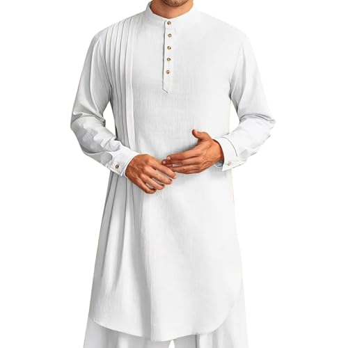 Mens Kaftan Thobe Button Down Casual Henley Shirts Long Sleeve Kurta Cotton Linen Muslim Gown Robe - color: White, size: Medium